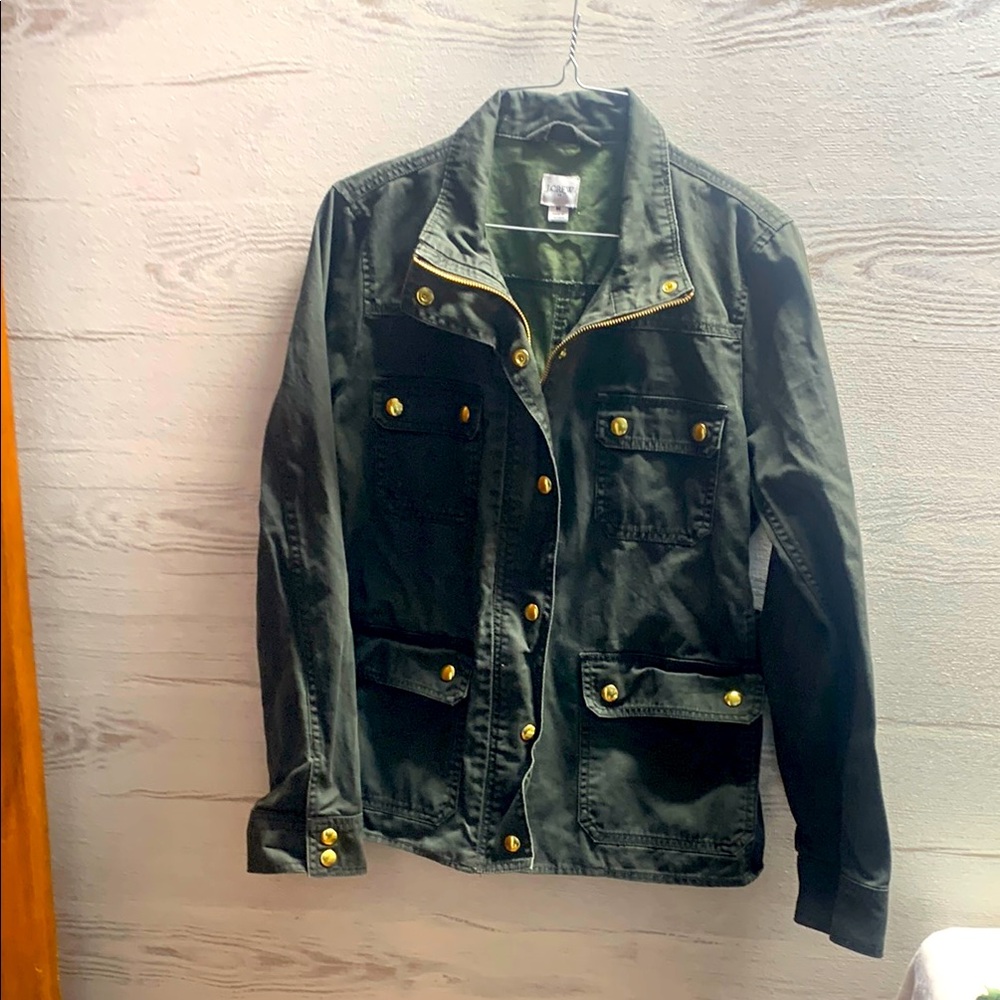 J Crew khaki denim jacket pockets zip and snap front size M